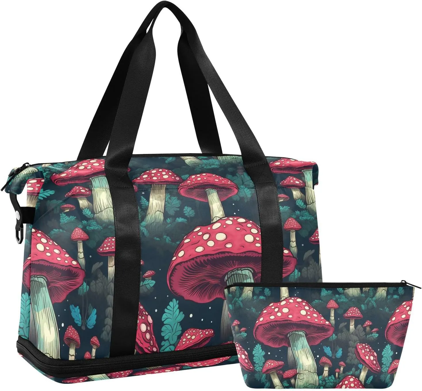 ALAZA Red Mushroom in Night Forest Gym Bag Sports Duffel Bag with Shoes Compartment, Overnight Weekender Travel Tote Bag for Women Men Trip College