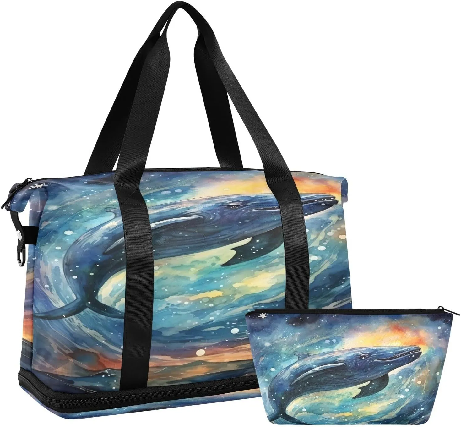 ALAZA Whale Nebula Galaxy Space Painting Travel Duffel Bag for Women Men Sports Gym Bag with Shoe Compartment Tote Weekender Overnight Bag with Wet Pocket for Travel, Gym,Yoga,Swimming