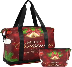 ALAZA Xmas Theme Snowflakes Christmas Golden Bells Travel Duffel Bag for Women Men Sports Gym Bag with Shoe Compartment Tote Weekender Overnight Bag with Wet Pocket for Travel, Gym,Yoga,Swimming