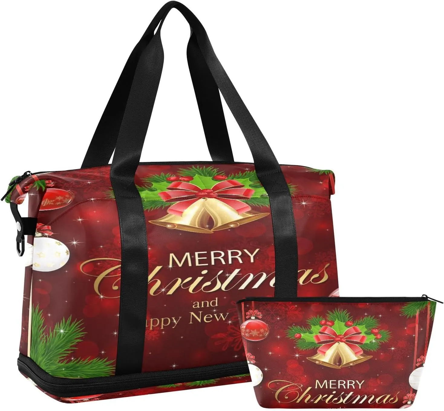 ALAZA Xmas Theme Snowflakes Christmas Golden Bells Travel Duffel Bag for Women Men Sports Gym Bag with Shoe Compartment Tote Weekender Overnight Bag with Wet Pocket for Travel, Gym,Yoga,Swimming