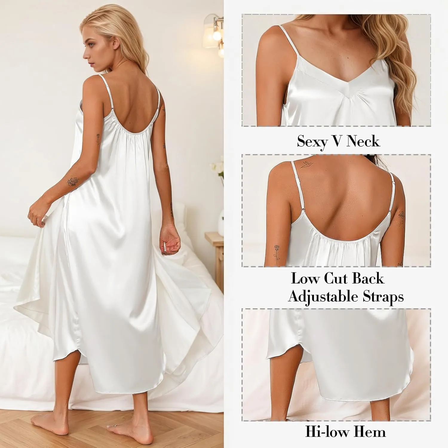 ALCEA ROSEA Women Silky Full Slip Long Dress Sexy V Neck Satin Nightgown Sleepwear Loose Sleeveless Nightshirt 3975