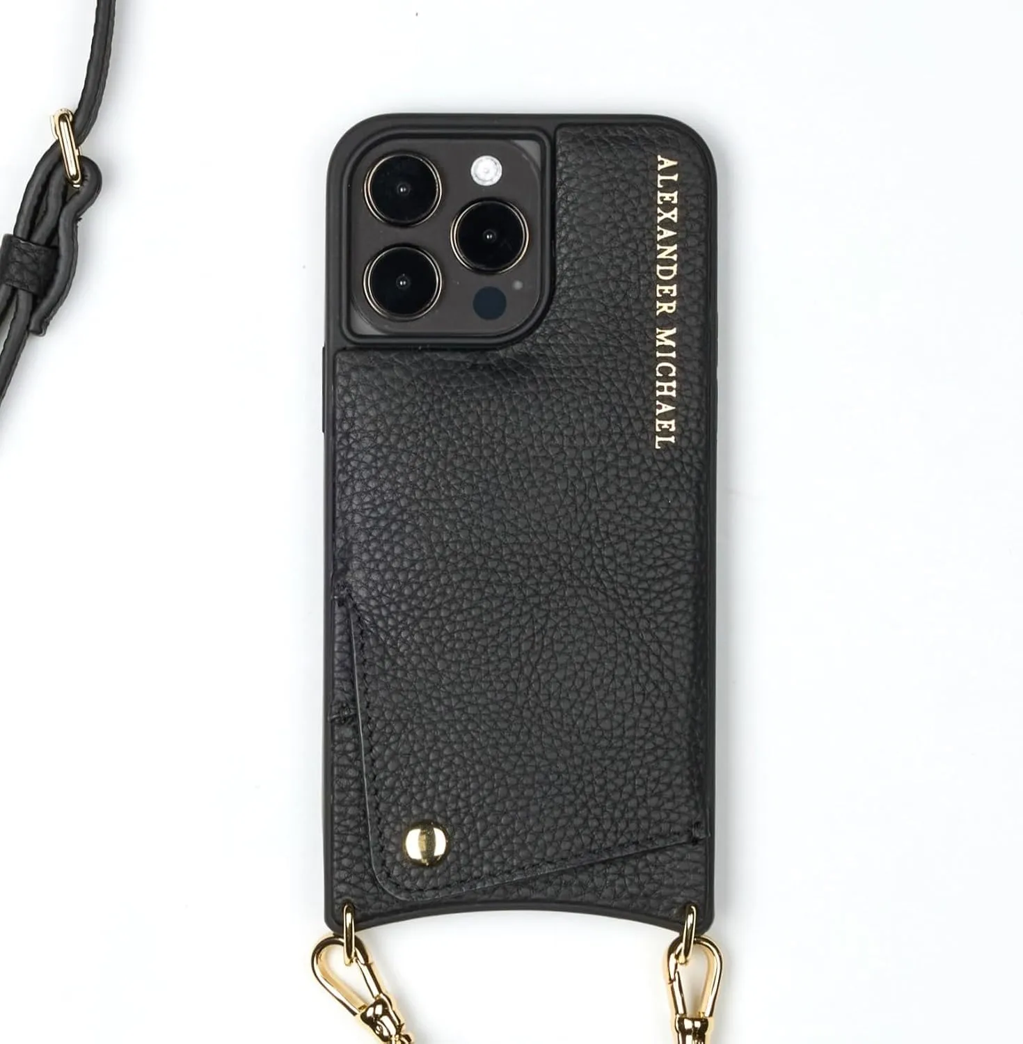 Alexander Michael Iconic Crossbody Phone Case and Wallet with 2 Straps in Premium Leather- Exclusive Wallet Design Featuring an EZ Pull-Out Tab (Black, iPhone 14 Pro)