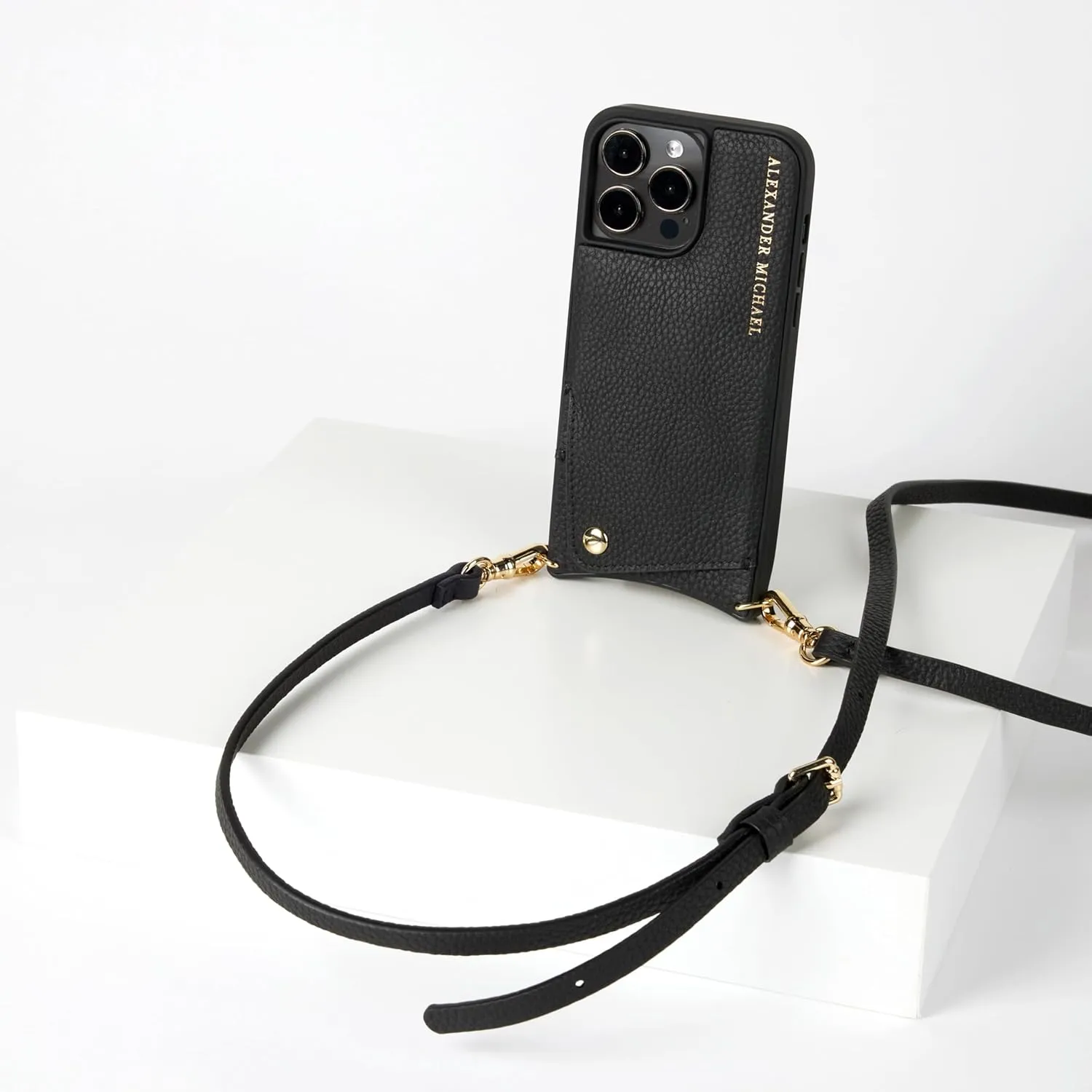 Alexander Michael Iconic Crossbody Phone Case and Wallet with 2 Straps in Premium Leather- Exclusive Wallet Design Featuring an EZ Pull-Out Tab (Black, iPhone 14 Pro)