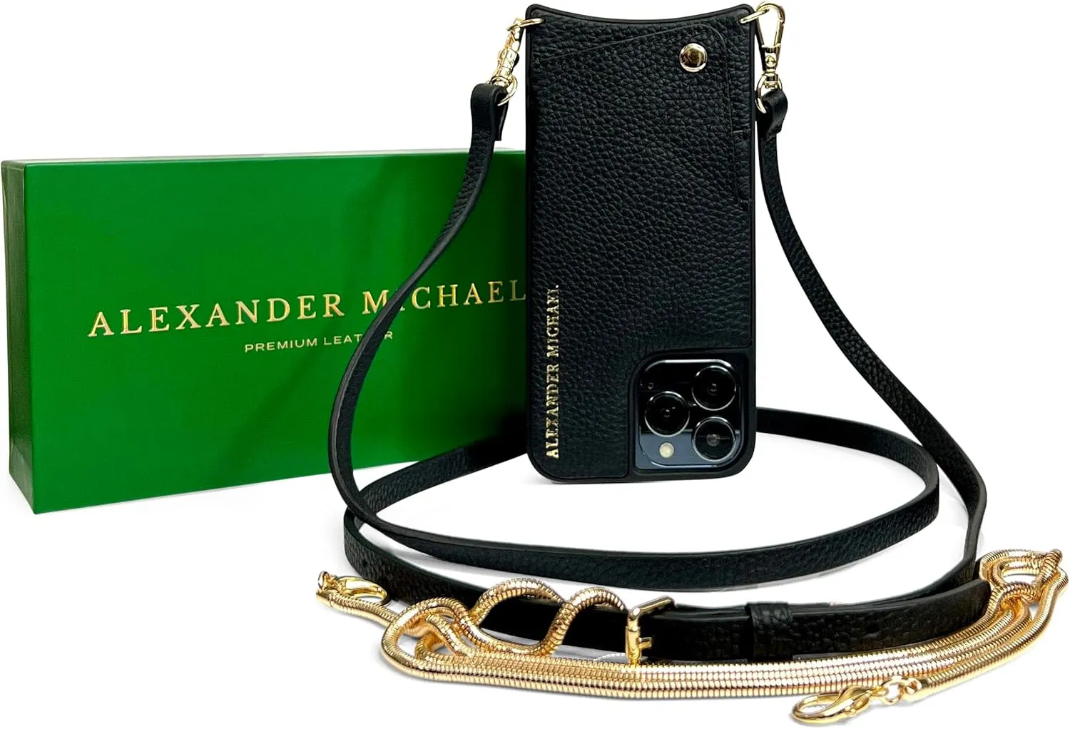 Alexander Michael Iconic Crossbody Phone Case and Wallet with 2 Straps in Premium Leather- Exclusive Wallet Design Featuring an EZ Pull-Out Tab (Black, iPhone 14 Pro)