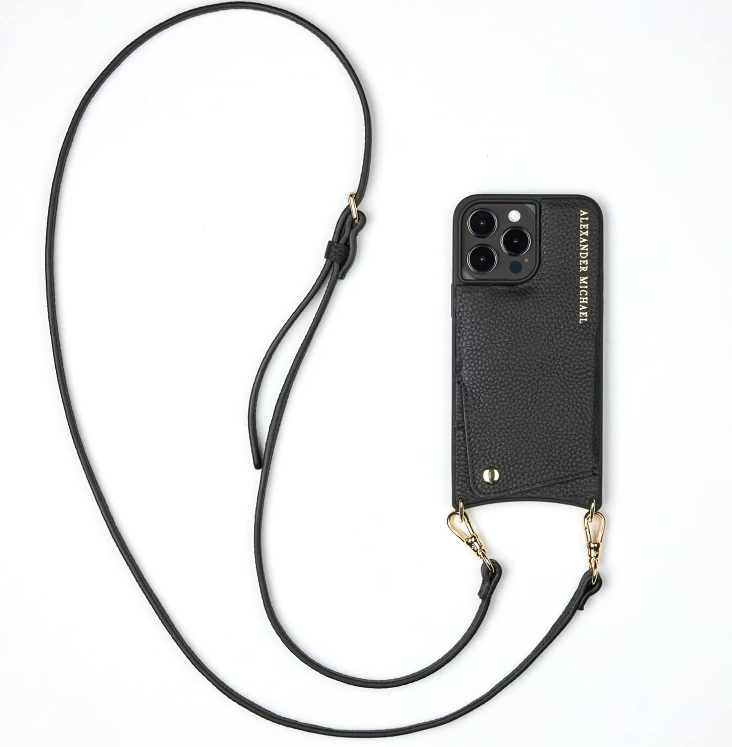 Alexander Michael Iconic Crossbody Phone Case and Wallet with 2 Straps in Premium Leather- Exclusive Wallet Design Featuring an EZ Pull-Out Tab (Black, iPhone 14 Pro)
