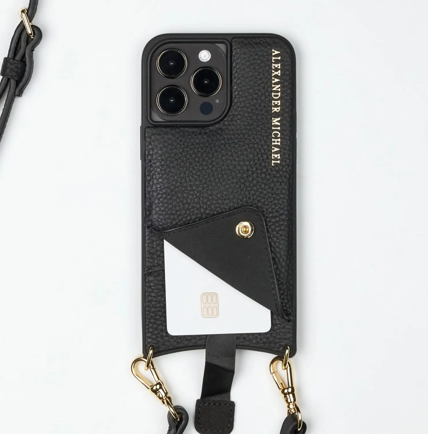 Alexander Michael Iconic Crossbody Phone Case and Wallet with 2 Straps in Premium Leather- Exclusive Wallet Design Featuring an EZ Pull-Out Tab (Black, iPhone 14 Pro)