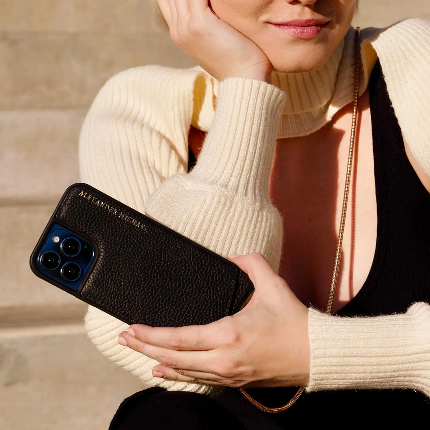 Alexander Michael Iconic Crossbody Phone Case and Wallet with 2 Straps in Premium Leather- Exclusive Wallet Design Featuring an EZ Pull-Out Tab (Black, iPhone 14 Pro)