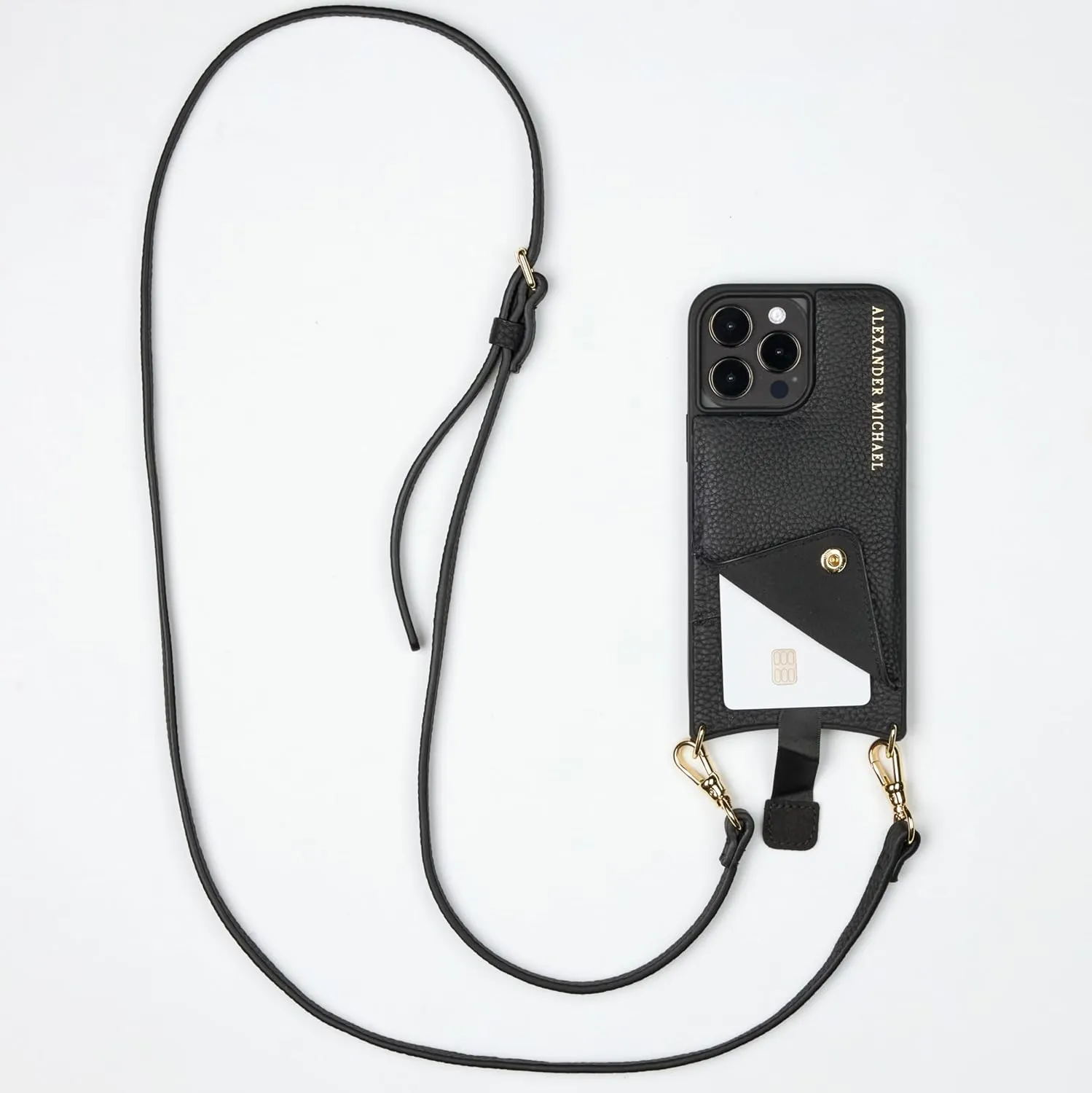 Alexander Michael Iconic Crossbody Phone Case and Wallet with 2 Straps in Premium Leather- Exclusive Wallet Design Featuring an EZ Pull-Out Tab (Black, iPhone 14 Pro)