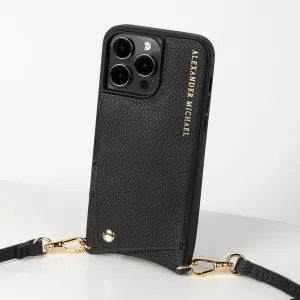 Alexander Michael Iconic Crossbody Phone Case and Wallet with 2 Straps in Premium Leather- Exclusive Wallet Design Featuring an EZ Pull-Out Tab (Black, iPhone 14 Pro)