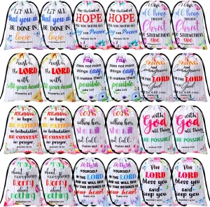 Aliceset 36 Pcs Easter Religious Bible Verse Drawstring Bags Drawstring Gift Bags Bulk Christian Floral Wood Grain Pouches for Baptism Christening Party Favors Religious Supplies