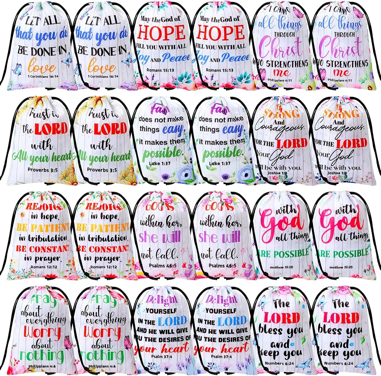Aliceset 36 Pcs Easter Religious Bible Verse Drawstring Bags Drawstring Gift Bags Bulk Christian Floral Wood Grain Pouches for Baptism Christening Party Favors Religious Supplies