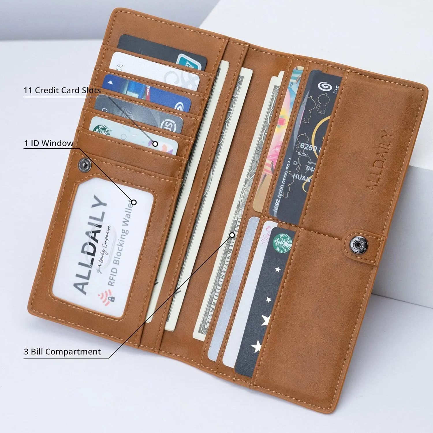 Alldaily Ultra Slim Thin Women Wallet RFID Blocking Credit Card Holder Bifold Long Ladies Billfold (Brown)