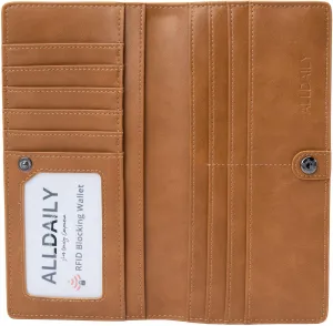 Alldaily Ultra Slim Thin Women Wallet RFID Blocking Credit Card Holder Bifold Long Ladies Billfold (Brown)