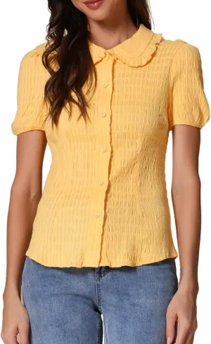 Allegra K Women's Sweet Peter Pan Collar Button Down Soft Shirt Blouse