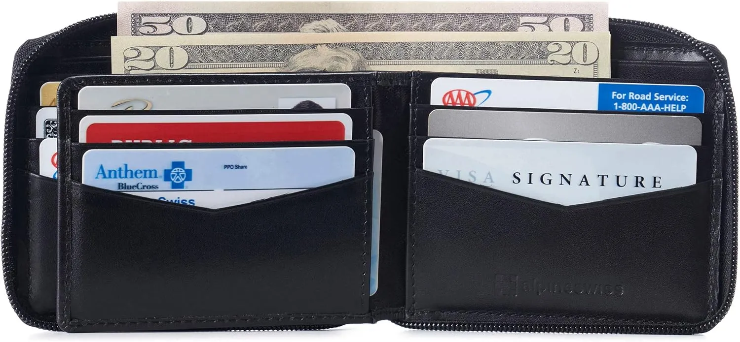 Alpine Swiss Logan Zipper Bifold Wallet For Men or Women RFID Safe Comes in a Gift Box