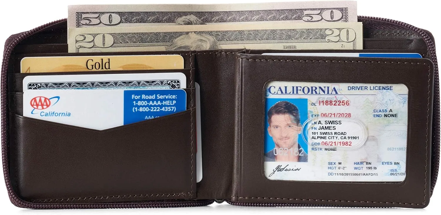 Alpine Swiss Logan Zipper Bifold Wallet For Men or Women RFID Safe Comes in a Gift Box