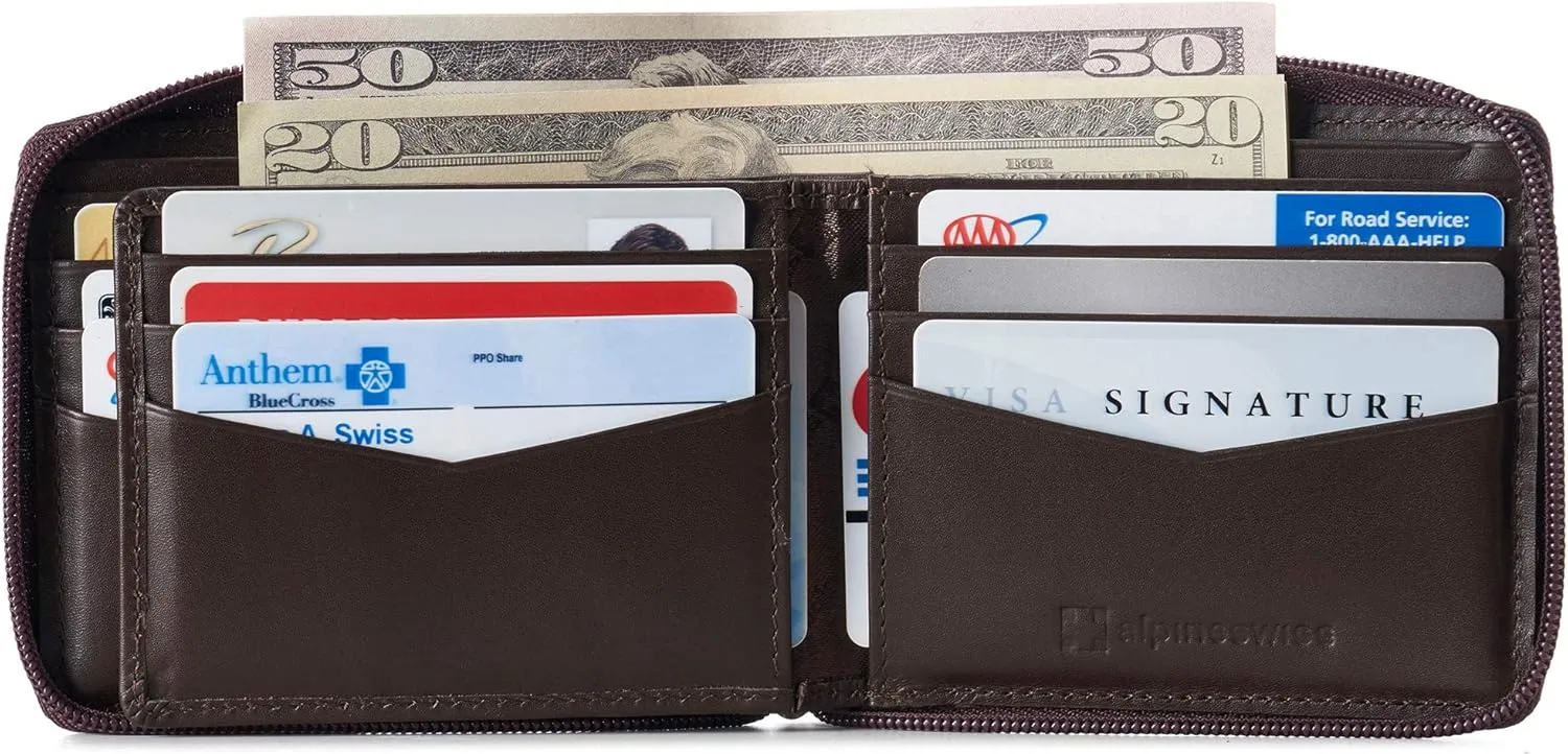 Alpine Swiss Logan Zipper Bifold Wallet For Men or Women RFID Safe Comes in a Gift Box