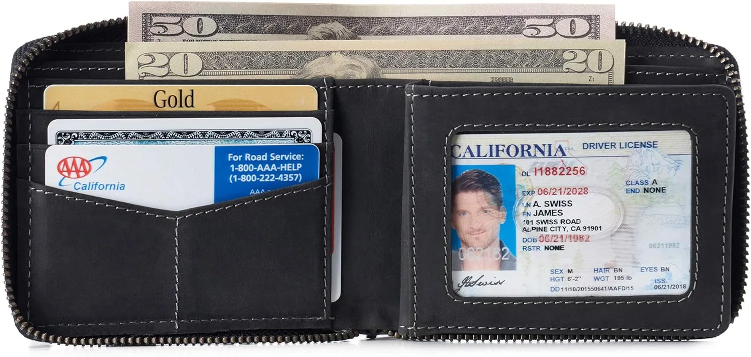 Alpine Swiss Logan Zipper Bifold Wallet For Men or Women RFID Safe Comes in a Gift Box