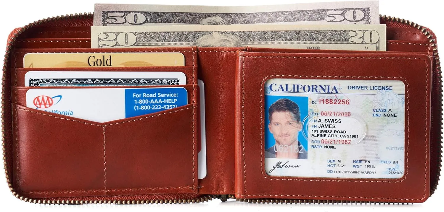 Alpine Swiss Logan Zipper Bifold Wallet For Men or Women RFID Safe Comes in a Gift Box