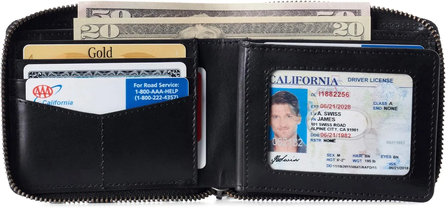 Alpine Swiss Logan Zipper Bifold Wallet For Men or Women RFID Safe Comes in a Gift Box