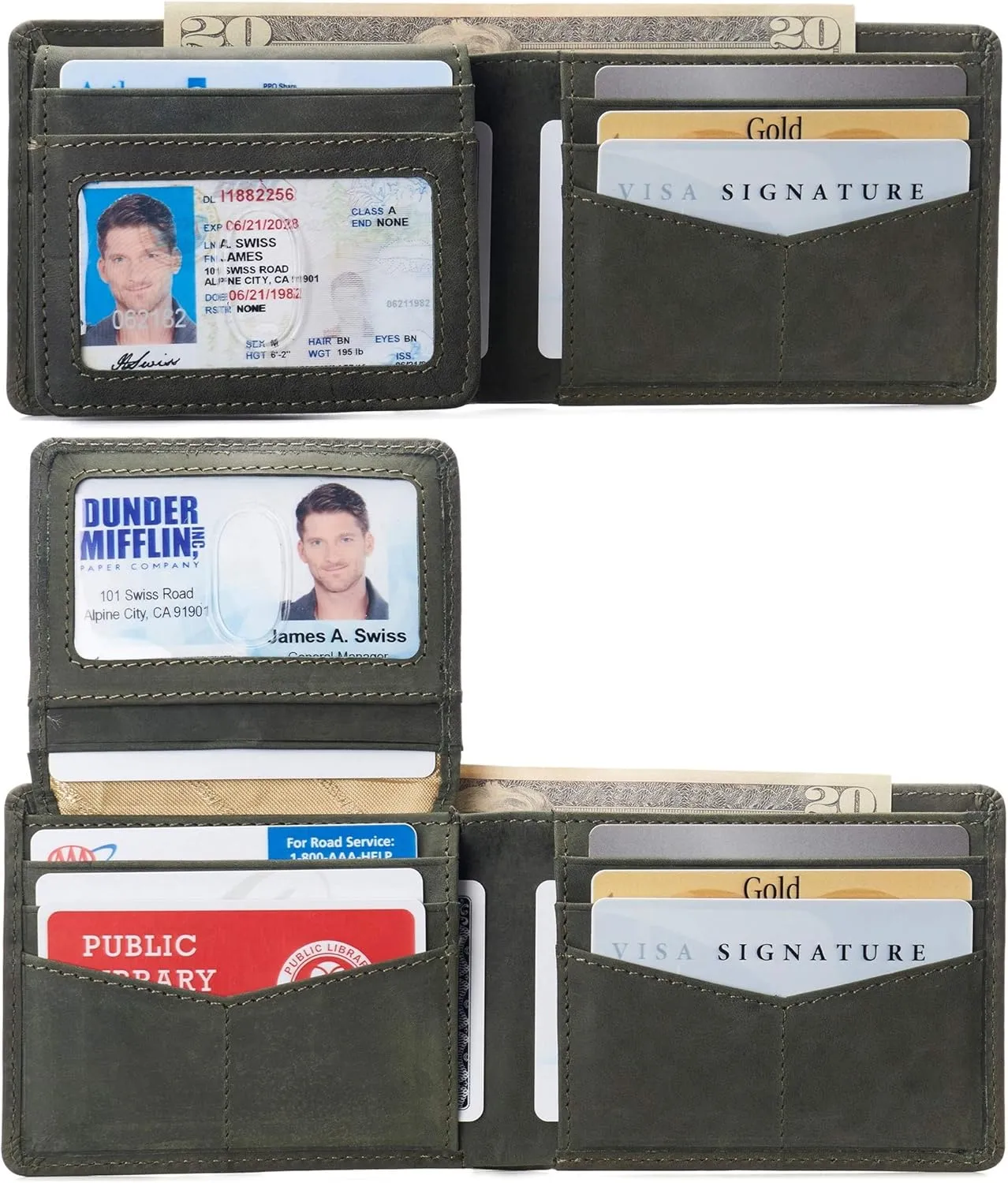 Alpine Swiss RFID Connor Passcase Bifold Wallet For Men Leather Comes in a Gift Box Nubuck Olive