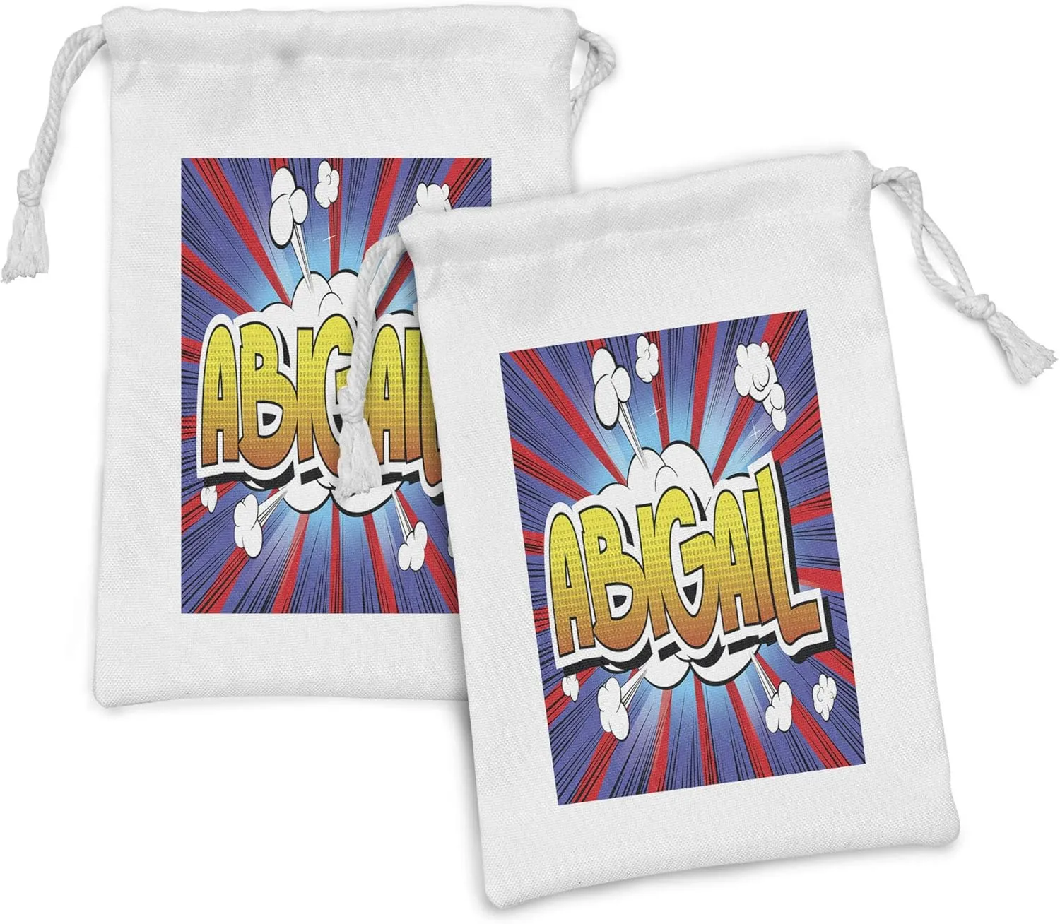 Ambesonne Abigail Fabric Pouch Set of 2, Retro Comic Book Style Female Name with Cartoon Effects on Abstract Pop Background, Small Drawstring Bag for Toiletries Masks and Favors, 9" x 6", Multicolor