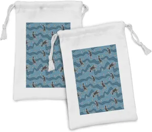 Ambesonne Aboriginal Fabric Pouch Set of 2, Reptile on Waves and Dots, Small Drawstring Bag for Toiletries Masks and Favors, 9" x 6", Sea Blue Dark Taupe