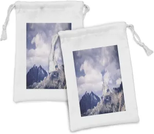 Ambesonne Alaska Fabric Pouch Set of 2, Craggy Peaks in Southeast Alaska Fall Season Mountains Landscape Photo, Small Drawstring Bag for Toiletries Masks and Favors, 9" x 6", Grey White Sky Blue