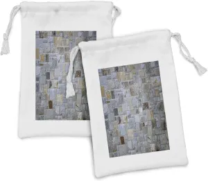 Ambesonne Architecture Fabric Pouch Set of 2, Scene of Gray Blue Brown Tone Wall Brickwork Concrete Cement Stonewall, Small Drawstring Bag for Toiletries Masks and Favors, 9" x 6", Multicolor