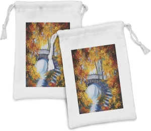 Ambesonne Art Fabric Pouch Set of 2, Autumn Forest with a Bridge over Road Dramatic Season Shady Leaves Print, Small Drawstring Bag for Toiletries Masks and Favors, 9" x 6", Marigold Vermilion Blue