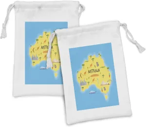 Ambesonne Australia Fabric Pouch Set of 2, Mapping with Symbolic Animals Monuments, Small Drawstring Bag for Toiletries Masks and Favors, 9" x 6", Sky Blue Yellow