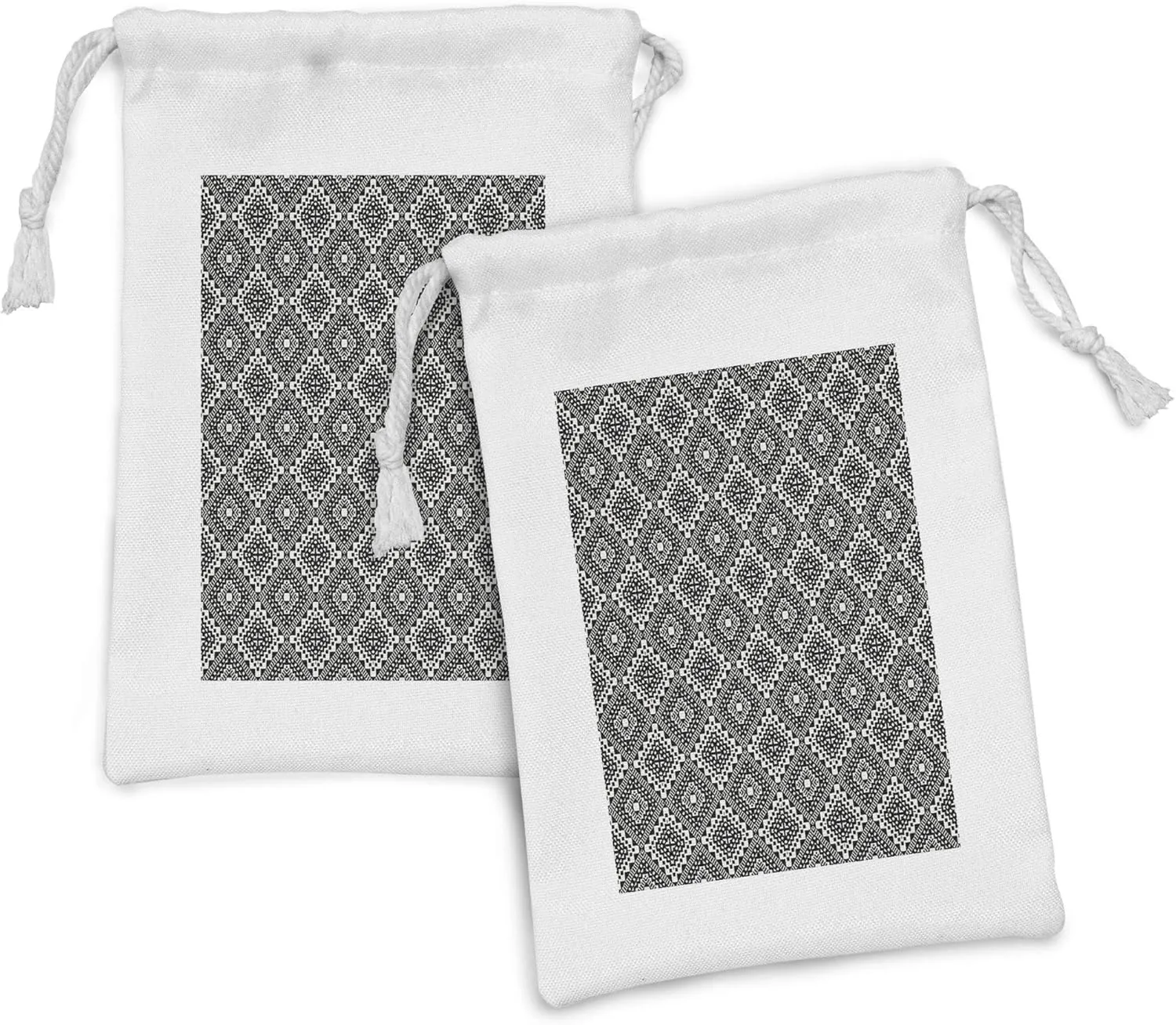 Ambesonne Aztec Fabric Pouch Set of 2, Bohemian Native Folk Pattern with Hippie Gypsy Grunge Tribal Minimalist Graphic, Small Drawstring Bag for Toiletries Masks and Favors, 9" x 6", Ivory Black