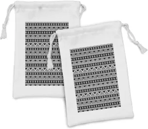 Ambesonne Aztec Fabric Pouch Set of 2, Monochrome Style Aboriginal Horizontal Motifs in Tribal and Cultural Feels, Small Drawstring Bag for Toiletries Masks and Favors, 9" x 6", Charcoal Grey White