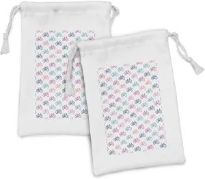 Ambesonne Bike Fabric Pouch Set of 2, Colorful Bicycle Patterns Riding Sport Pedals Activity Urban Themed Graphic, Small Drawstring Bag for Toiletries Masks and Favors, 9" x 6", White and Multicolor
