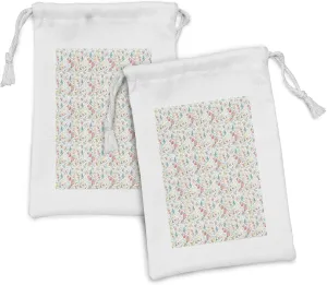 Ambesonne Birds Fabric Pouch Set of 2, Flying Blue Pigeons Carrying Tiny Flower on the Beak Among Lillies Tulips and Roses, Small Drawstring Bag for Toiletries Masks and Favors, 9" x 6", Multicolor