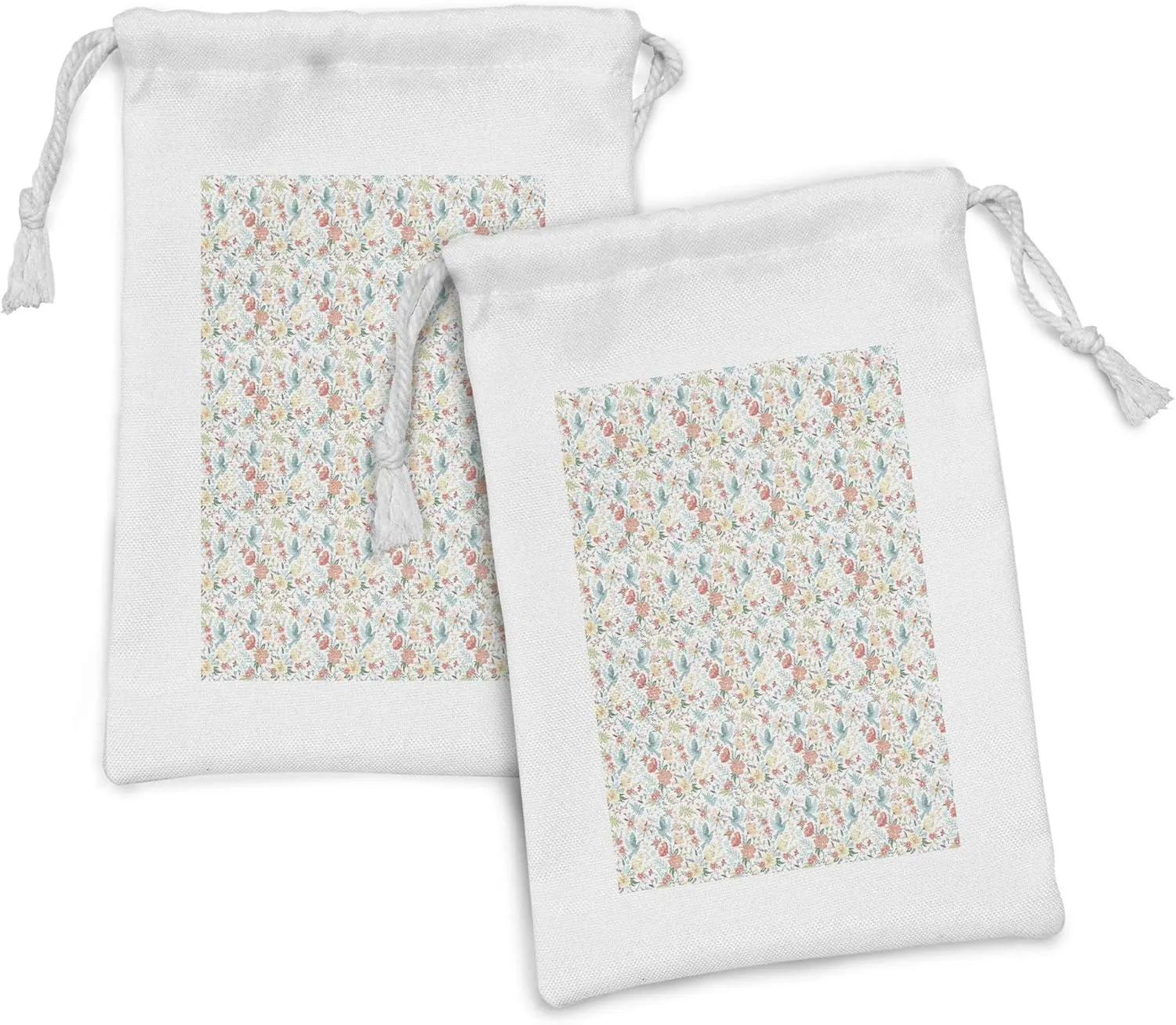 Ambesonne Birds Fabric Pouch Set of 2, Flying Blue Pigeons Carrying Tiny Flower on the Beak Among Lillies Tulips and Roses, Small Drawstring Bag for Toiletries Masks and Favors, 9" x 6", Multicolor