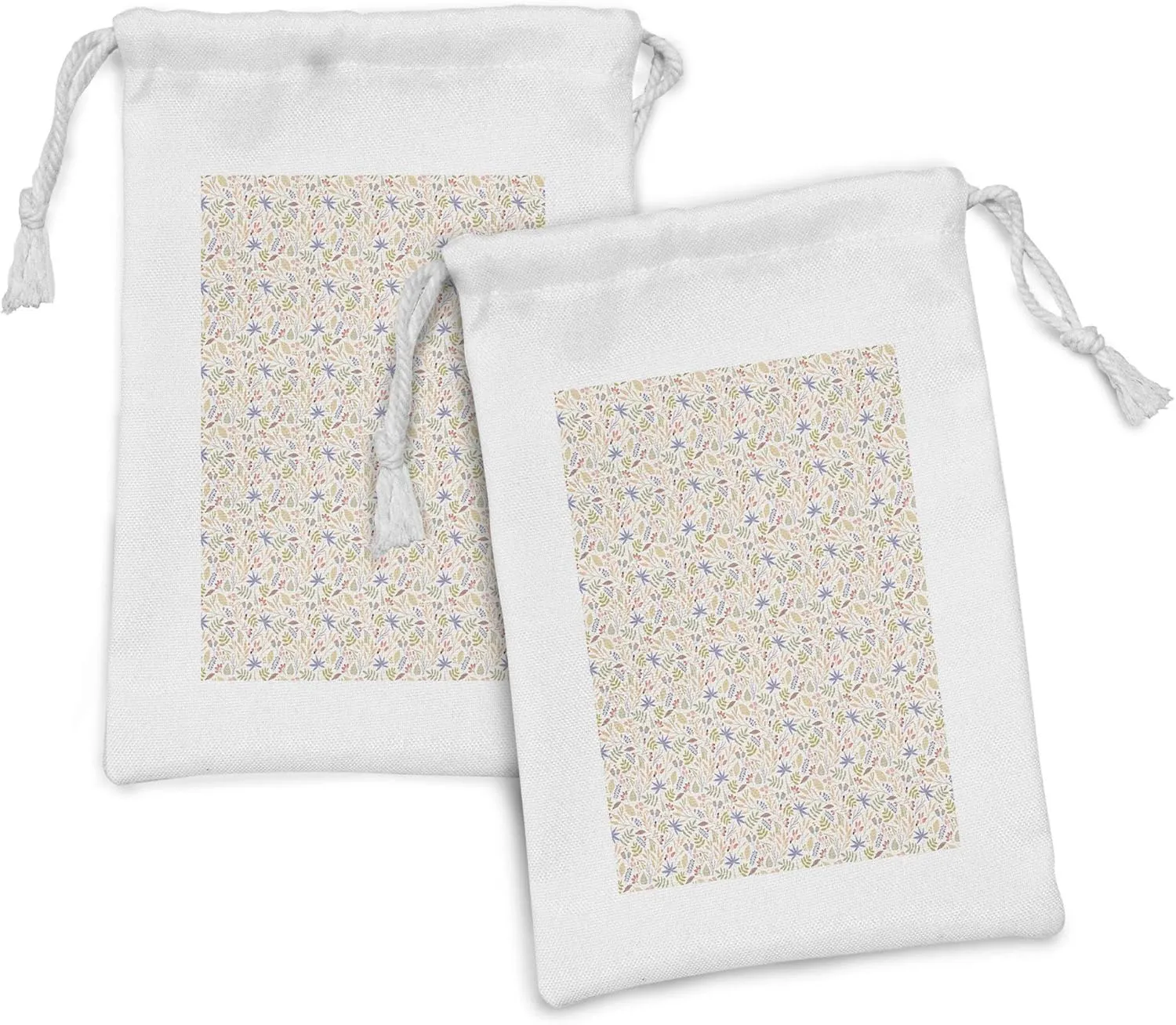 Ambesonne Botanical Fabric Pouch Set of 2, Berry Pastel Spring Growth Herbs Leaves Botanical Floral Foliage, Small Drawstring Bag for Toiletries Masks and Favors, 9" x 6", Eggshell and Multicolor