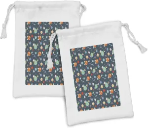 Ambesonne Cartoon Fabric Pouch Set of 2, Style Astrological Concepts Earth Mars Saturn Neptune Astronaut and Craft, Small Drawstring Bag for Toiletries Masks and Favors, 9" x 6", Multicolor