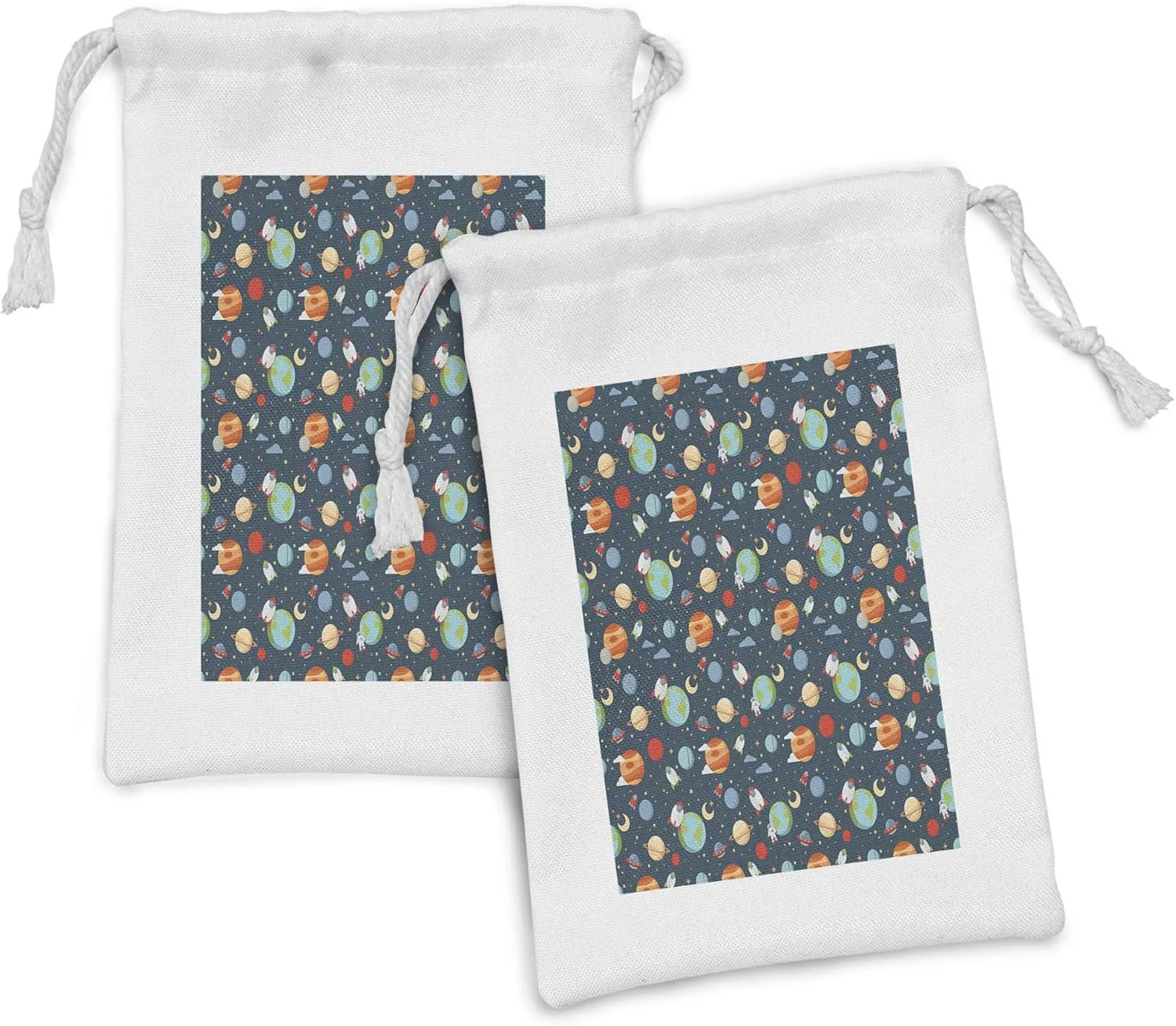 Ambesonne Cartoon Fabric Pouch Set of 2, Style Astrological Concepts Earth Mars Saturn Neptune Astronaut and Craft, Small Drawstring Bag for Toiletries Masks and Favors, 9" x 6", Multicolor
