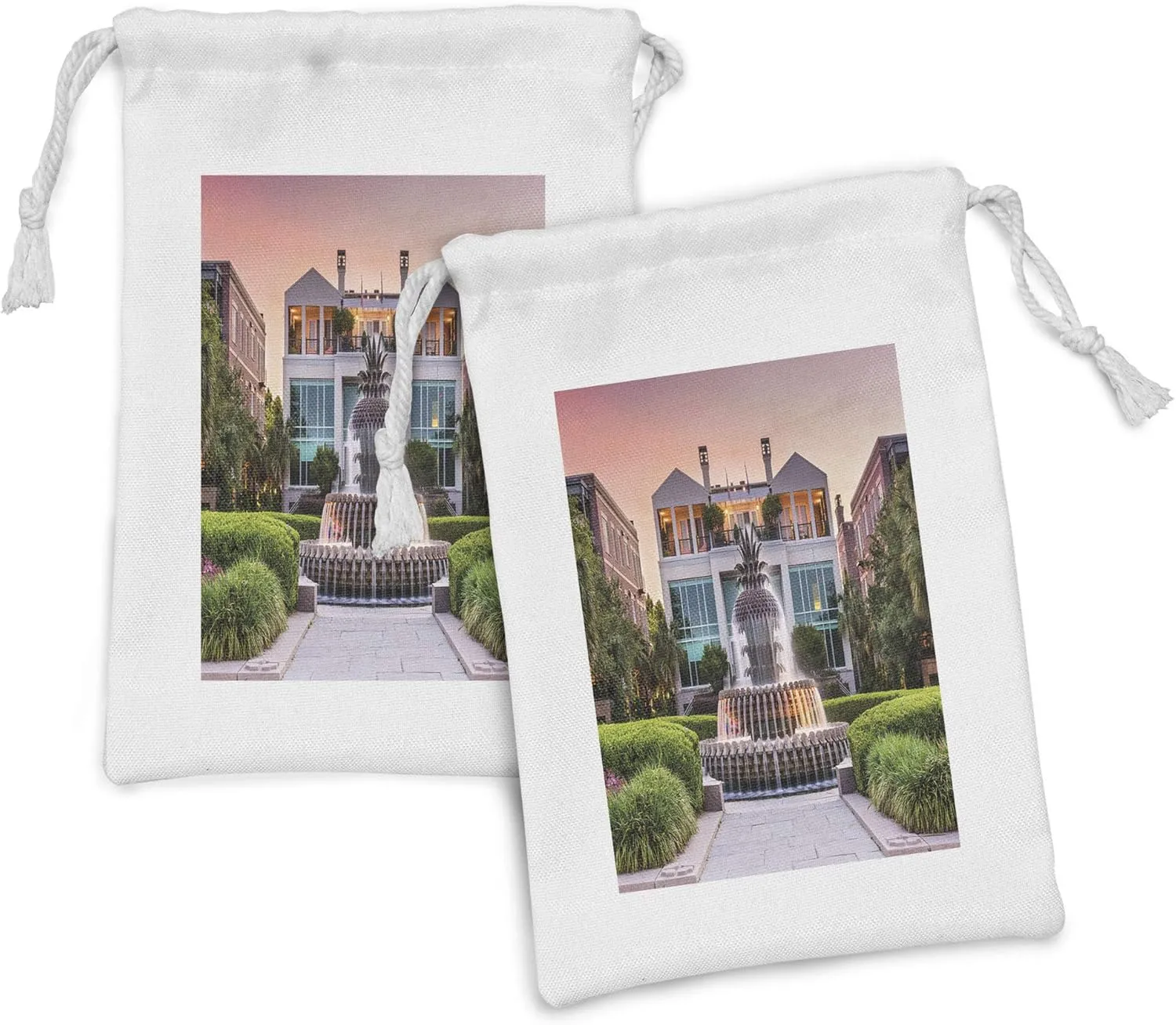Ambesonne Charleston Fabric Pouch Set of 2, South Carolina USA the Waterfront Park Pineapple Fountain Urban Landscape Photo, Small Drawstring Bag for Toiletries Masks and Favors, 9" x 6", Multicolor