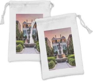 Ambesonne Charleston Fabric Pouch Set of 2, South Carolina USA the Waterfront Park Pineapple Fountain Urban Landscape Photo, Small Drawstring Bag for Toiletries Masks and Favors, 9" x 6", Multicolor