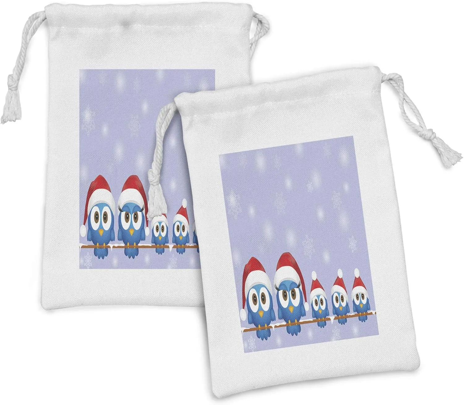 Ambesonne Christmas Fabric Pouch Set of 2, Bird Family with Santa Hats on Electricity Wire Winter Holiday Humorous Design, Small Drawstring Bag for Toiletries Masks and Favors, 9" x 6", Blue Red