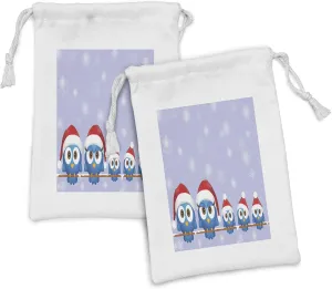 Ambesonne Christmas Fabric Pouch Set of 2, Bird Family with Santa Hats on Electricity Wire Winter Holiday Humorous Design, Small Drawstring Bag for Toiletries Masks and Favors, 9" x 6", Blue Red