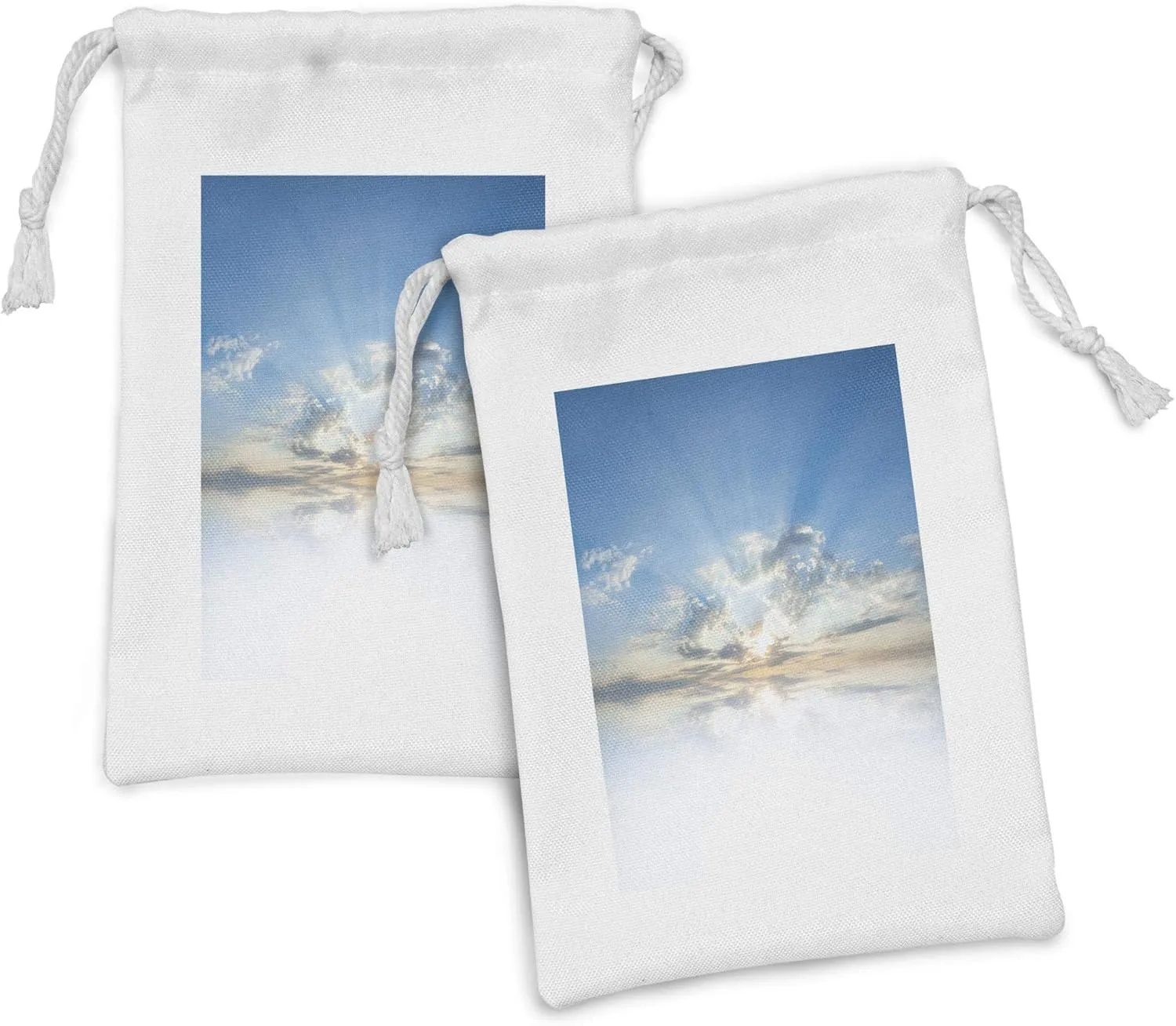 Ambesonne Clouds Fabric Pouch Set of 2, Vivid Air with Clouds Meteoric Reflection Atmosphere Photo Print, Small Drawstring Bag for Toiletries Masks and Favors, 9" x 6", Pale Blue White