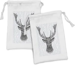 Ambesonne Deer Fabric Pouch Set of 2, Aboriginal Floral Polynesian Deer Pattern Mammal Boho Design, Small Drawstring Bag for Toiletries Masks and Favors, 9" x 6", Black White