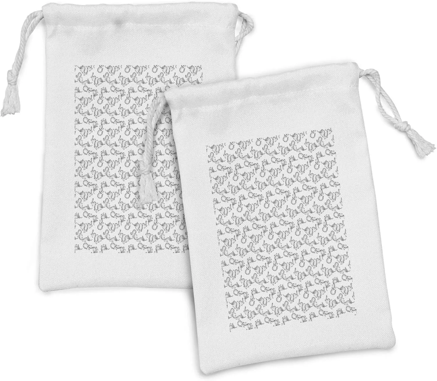 Ambesonne Dragon Fabric Pouch Set of 2, Repetitive and Long Motifs Cultural Representative Art Print, Small Drawstring Bag for Toiletries Masks and Favors, 9" x 6", Charcoal Grey and White