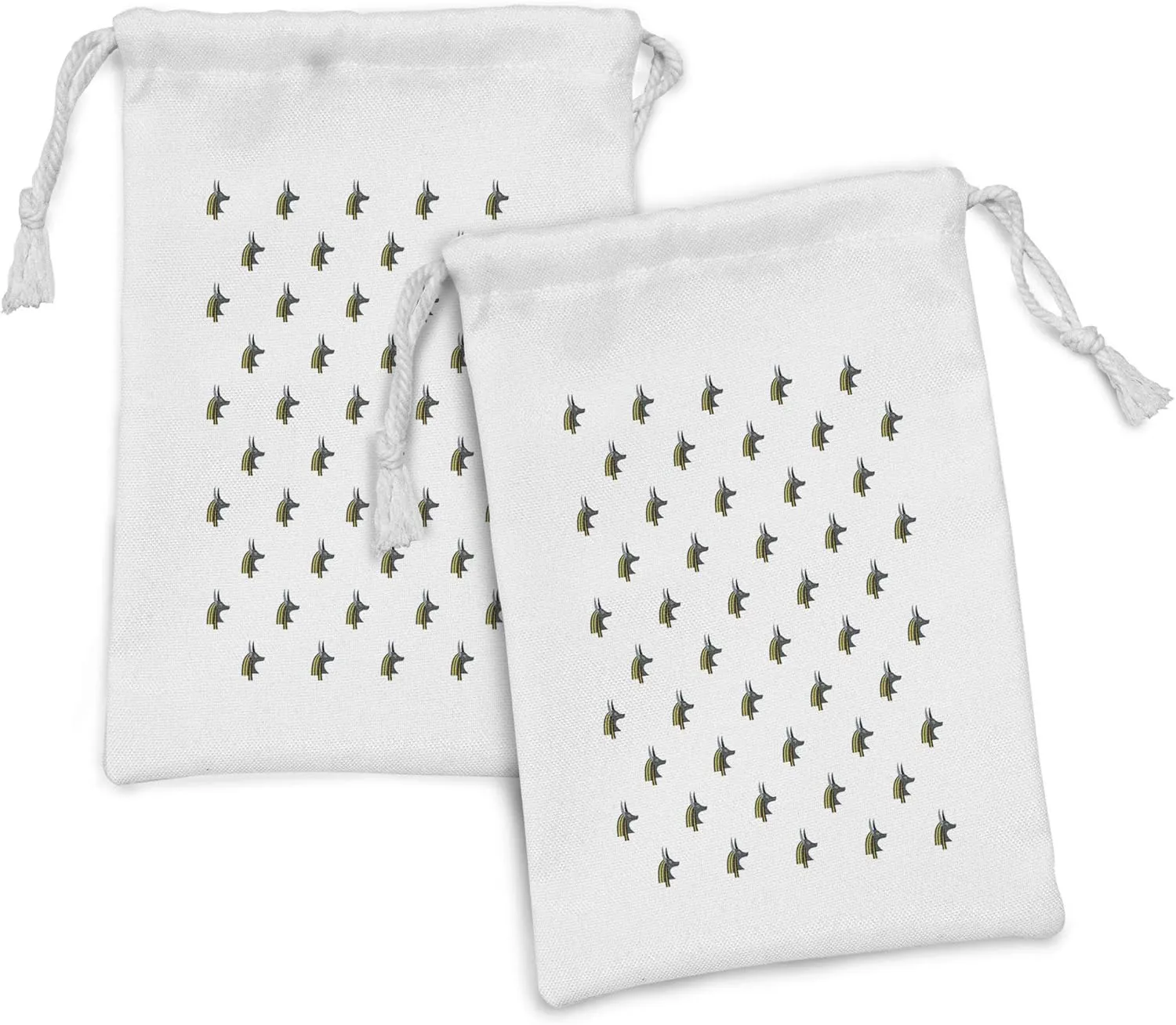Ambesonne Egyptian Print Fabric Pouch Set of 2, Head of an Indigenous Jackal Antiquities History, Small Drawstring Bag for Toiletries Masks and Favors, 9" x 6", Yellow Black and Grey