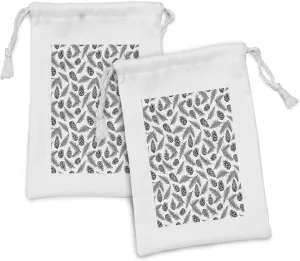 Ambesonne Evergreen Fabric Pouch Set of 2, Monochrome Style Pine Cones and Fir Branches Scattered Christmas Vibes, Small Drawstring Bag for Toiletries Masks and Favors, 9" x 6", Charcoal Grey White