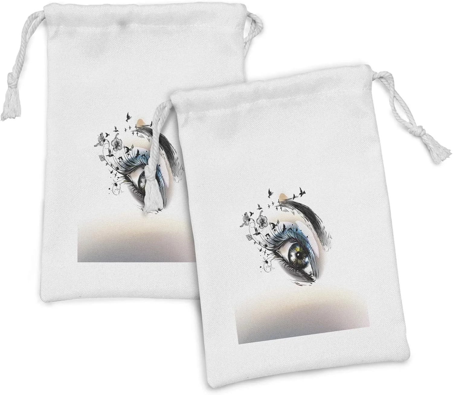 Ambesonne Eyelash Fabric Pouch Set of 2, Art Fashion Illustration with Hand Drawn Female Eye Dramatic Fantasy Look, Small Drawstring Bag for Toiletries Masks and Favors, 9" x 6", Brown Black Green