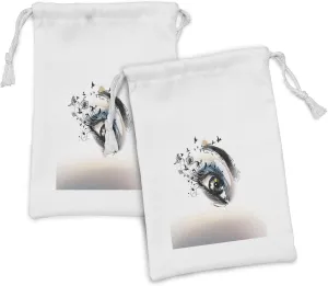 Ambesonne Eyelash Fabric Pouch Set of 2, Art Fashion Illustration with Hand Drawn Female Eye Dramatic Fantasy Look, Small Drawstring Bag for Toiletries Masks and Favors, 9" x 6", Brown Black Green